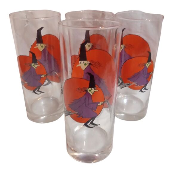 4 Vtg Halloween Highball Glasses~ Moon ~ Drinking Glasses~ Witch Riding Broom - Picture 6 of 10